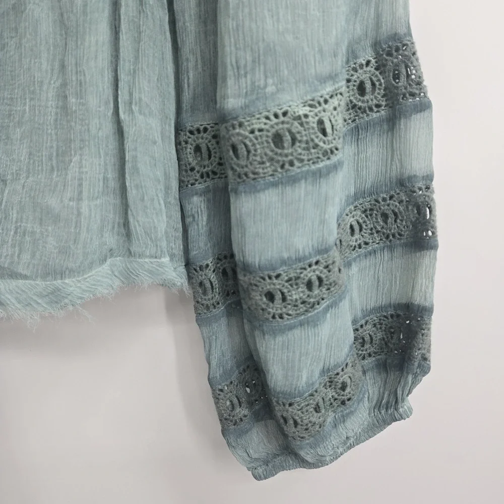 Free People Peasant Top Size Medium Moonchaser Blue Dust Mineral Puff Sleeve‎